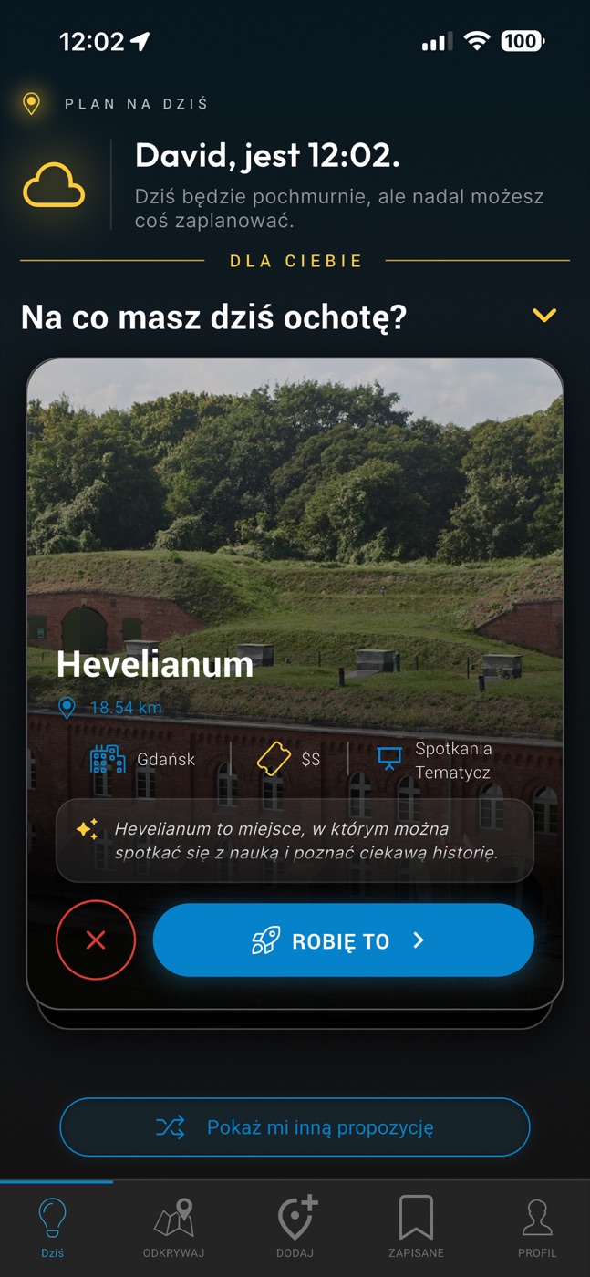 Ekran aplikacji Utibi z rekomendacją miejsca na dziś